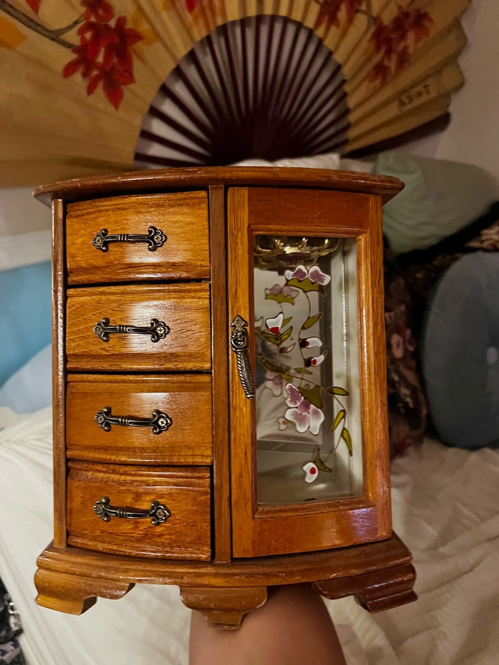 Wood Finish Jewelry Box with Floral Glass Door - Brown